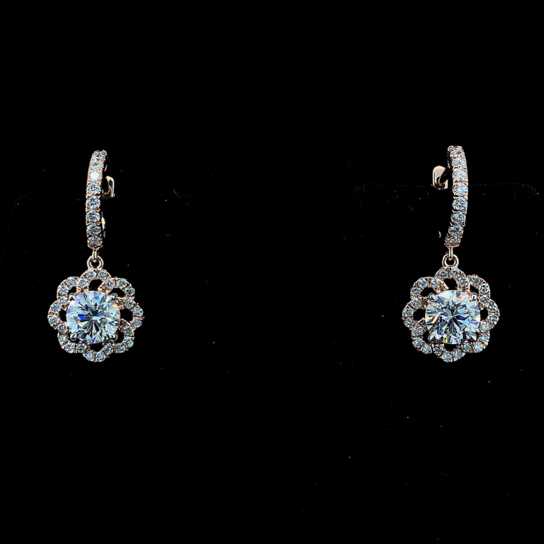 KKER170-Exquisite Flower Halo Drop Earrings in Rose Gold