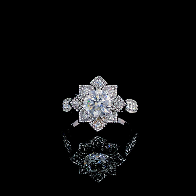 KKR178-Floral Fantasy: Diamond Halo Cocktail Ring with prong-set center stone